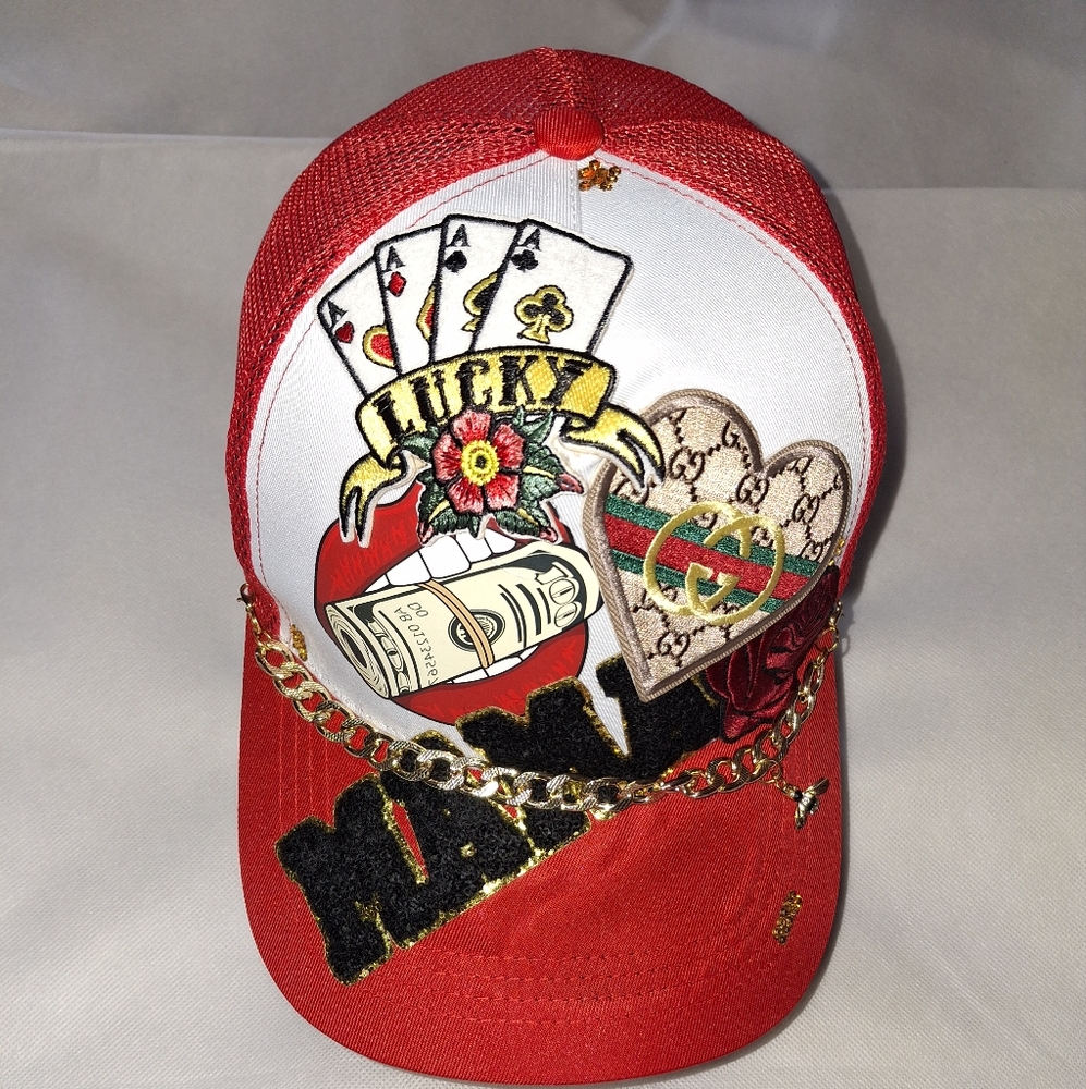 Stylish Red Adult Trucker Cap with Embroidered Design. MAMA Patch, Money, Lips